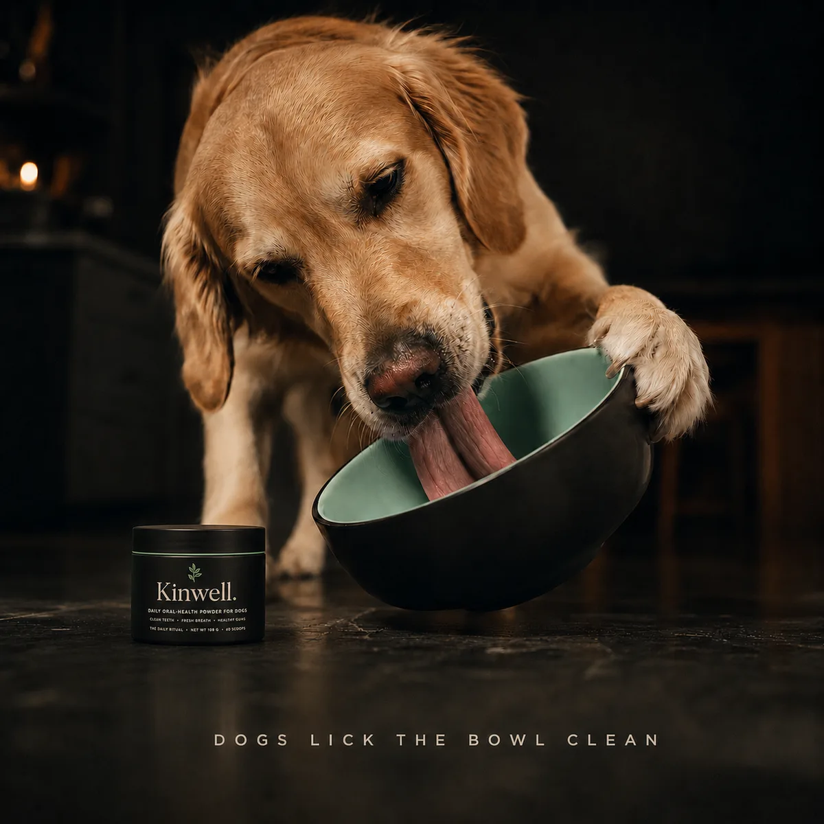 Happy dog licking its dinner bowl completely clean beside the Kinwell jar; dogs lick the bowl clean