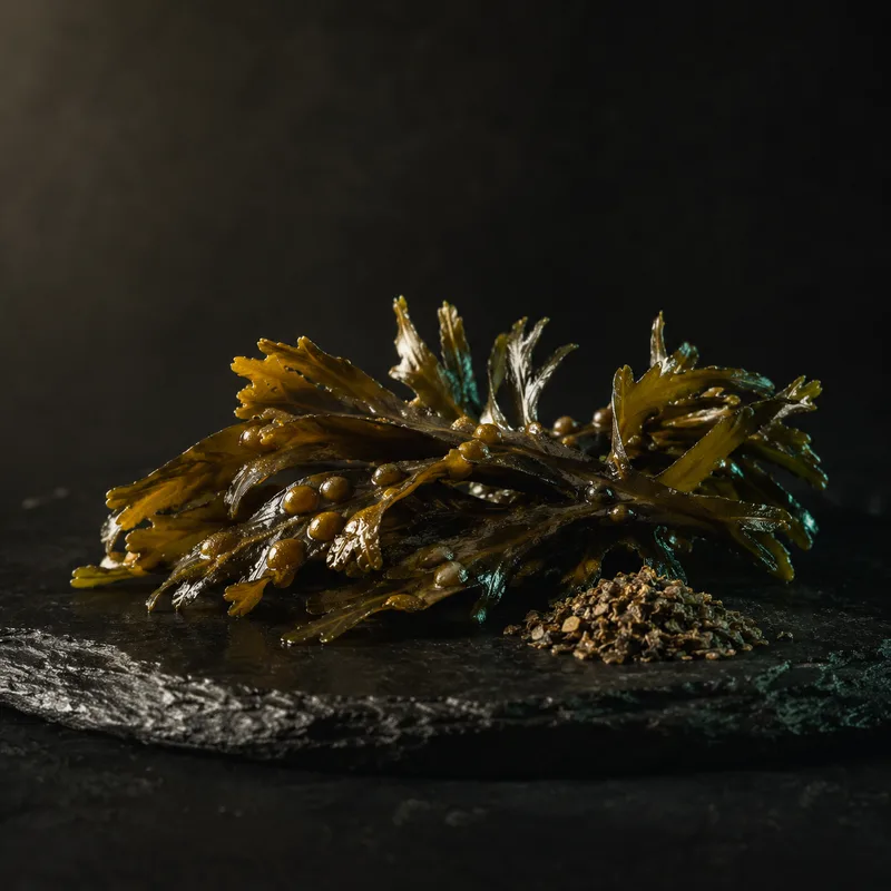Macro of glistening dark kelp fronds on honed black stone, mint rim light