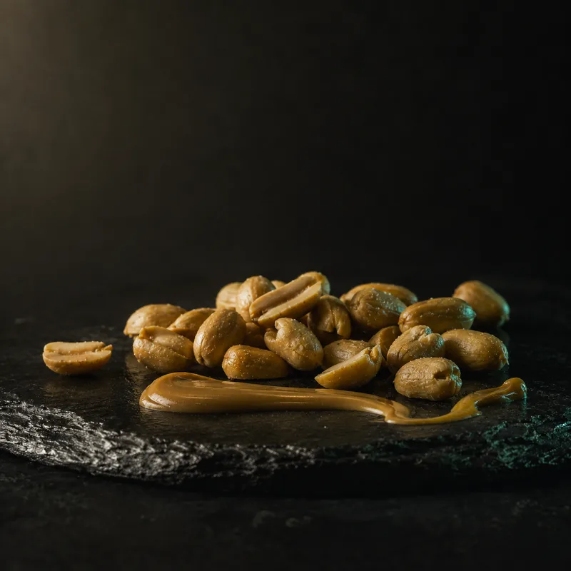 Roasted peanuts and a drizzle of peanut butter on black stone, warm light