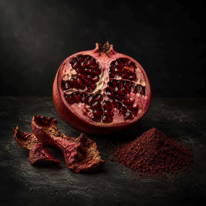 Halved pomegranate with scattered arils and a small heap of deep red peel powder on dark stone, macro