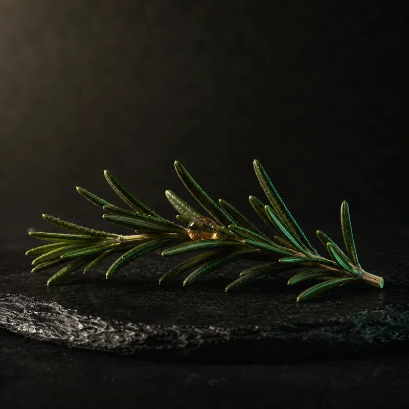 Rosemary sprig with a single drop of amber extract on dark stone, macro