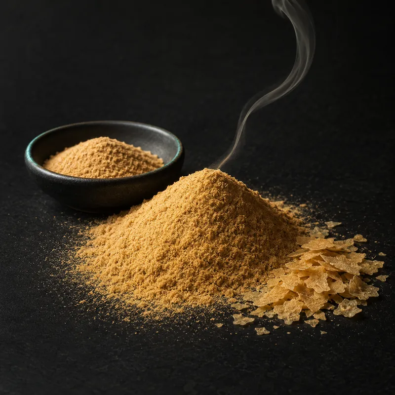A soft heap of fine warm-tan savory yeast extract powder on honed black stone, warm light