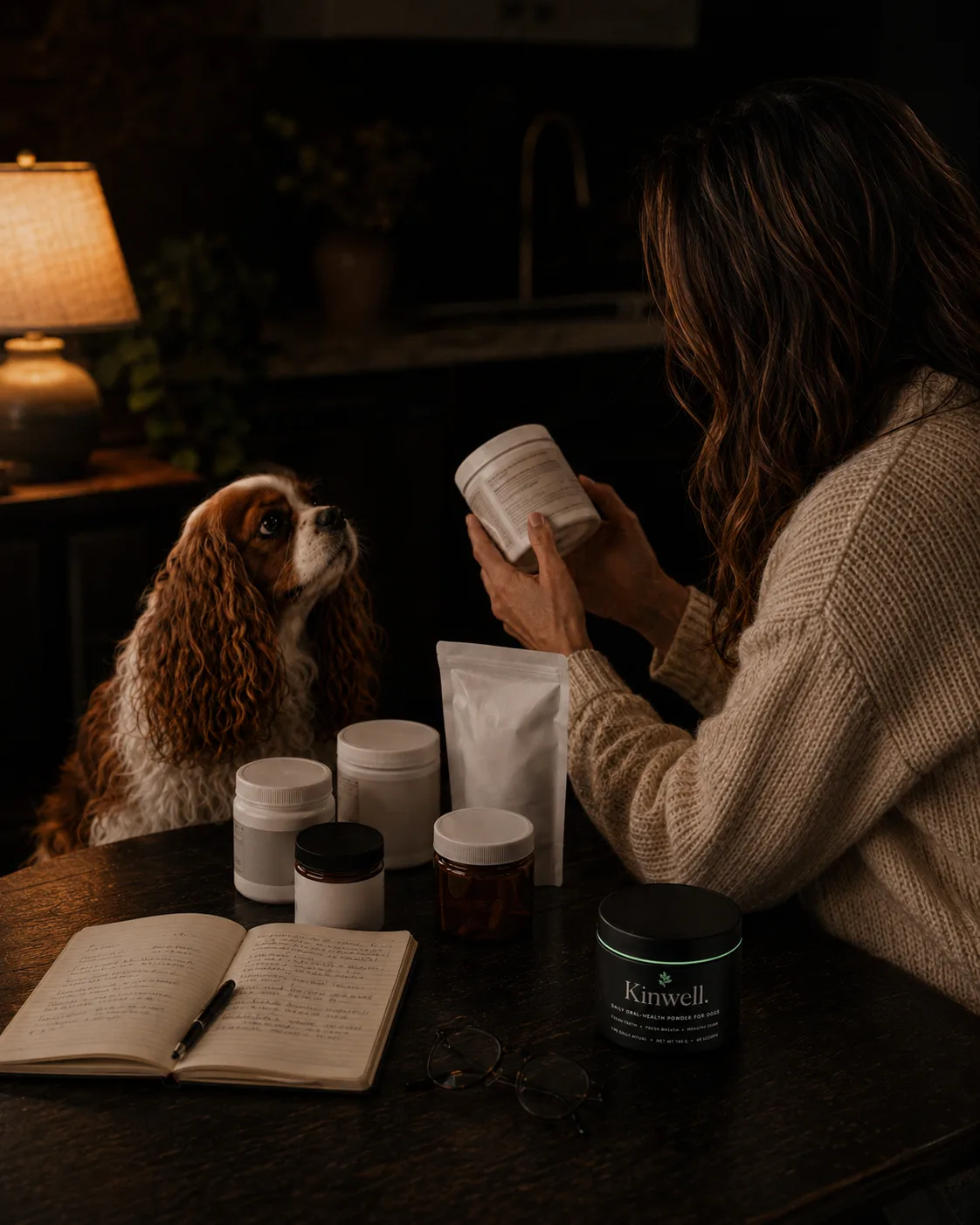 The founder at a lamplit kitchen table studying supplement labels beside a notebook of notes, her Cavalier watching, a Kinwell jar set apart from the clutter