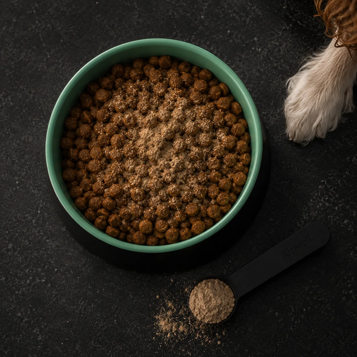 Overhead of a mint-lined dinner bowl of kibble dusted with Kinwell powder, the dosing scoop beside it and a paw stepping into frame