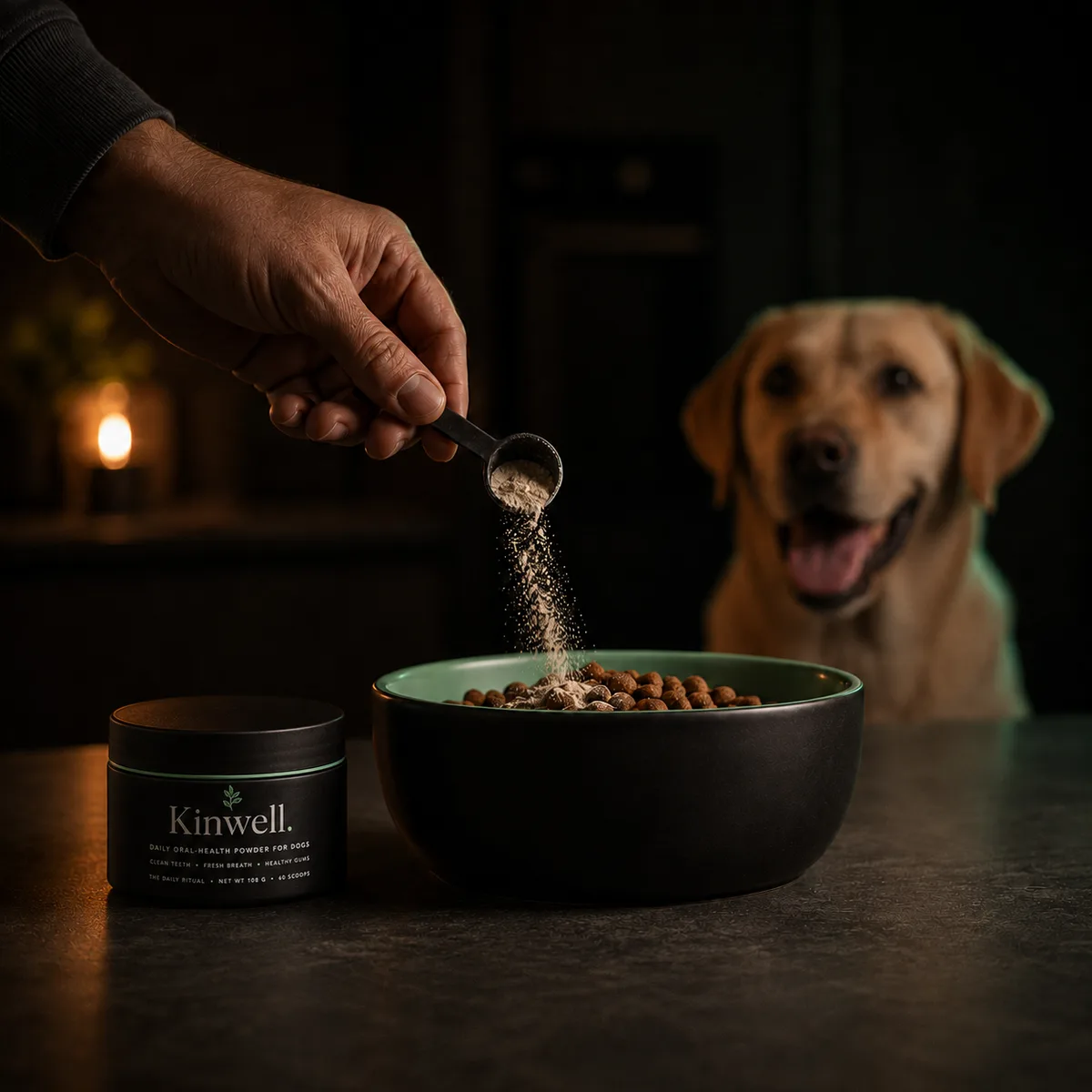 Hand sprinkling Kinwell powder over a bowl of kibble while an eager yellow Labrador watches, the jar beside the bowl