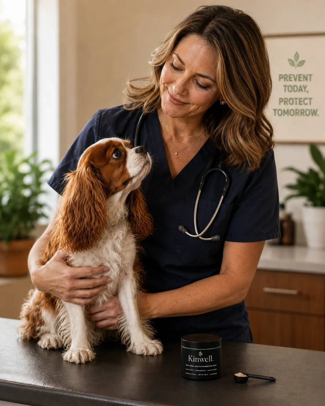 A veterinarian in navy scrubs gently examining a Cavalier King Charles Spaniel on an exam table in a bright clinic